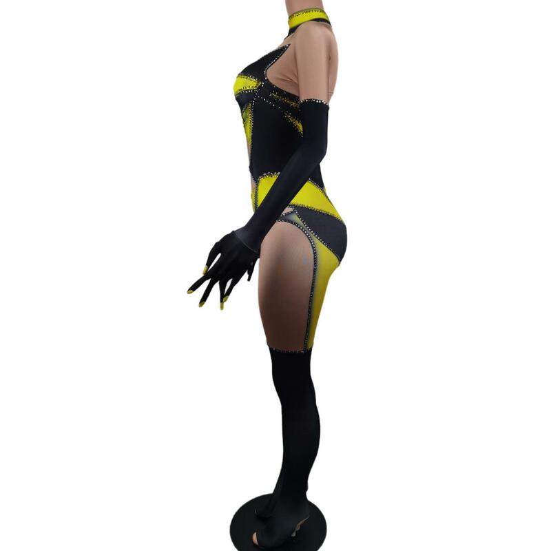 女性のためのセクシーな黄色のラインストーンジャンプスーツ,ダンスパフォーマンスの衣装,ディスコのための伸縮性のあるボディスーツ,ドラッグショーの衣装dahuangfeng