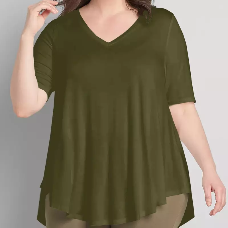 Túnica alta baixa de manga curta feminina, plus size, decote em v, sólido, verde exército, ajuste solto, flare, blusa balanço básica, blusa casual de verão