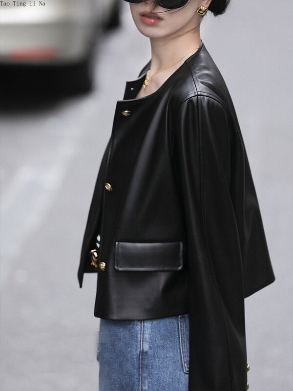 2023 Women Simple Genuine Leather Sheepskin Black Real Sheep Leather Jacket S21