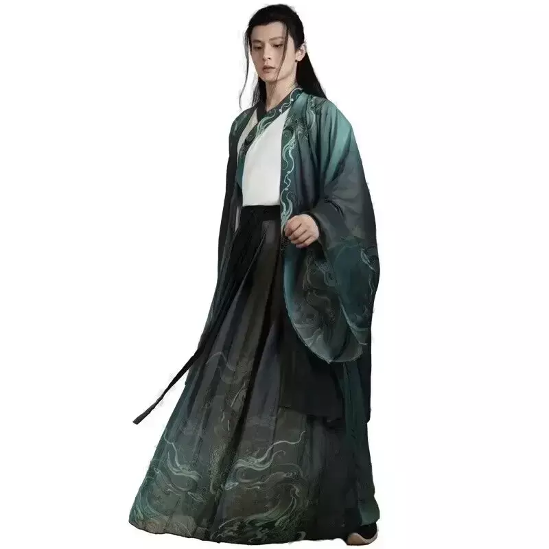 Hanfu impreso tradicional chino para hombre, traje de Cosplay de Halloween, color blanco y verde degradado, 3 piezas, talla grande 2XL