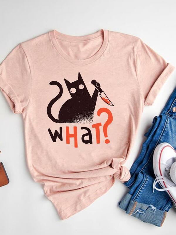 Cat Watercolor Style Tee Top Thanksgiving Clothes Women Fall Autumn Ladies Graphic T-shirt Halloween Print T Shirt Clothing
