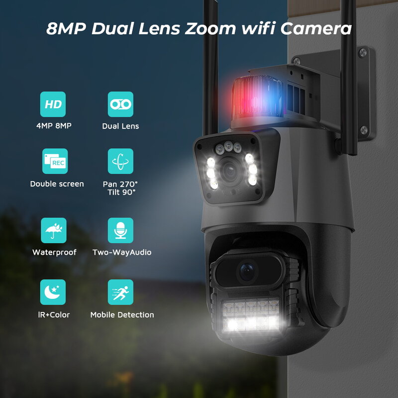 Telecamera Wifi 8MP 4K Dual Lens Ai Auto Tracking telecamera di videosorveglianza CCTV di sicurezza impermeabile telecamera IP di allarme luce di polizia
