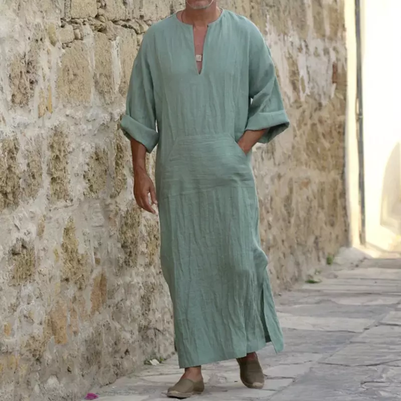 YUFEIDA uomo lungo lino Jubba Thobe caftano arabo musulmano islamico scollo a v manica lunga cotone solido abito di lino musulmano Arabia uomo Abaya