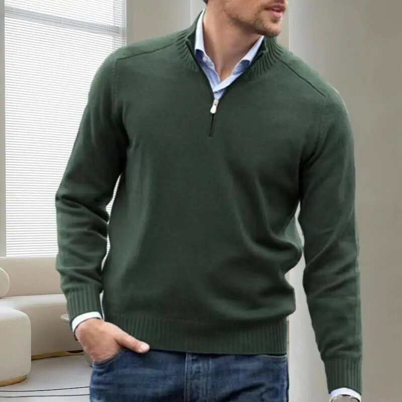 Suéter de punto de Cuello medio alto para hombre, suéter elástico cálido, moda de otoño e invierno, suéter con cremallera superior, Color sólido, elegante