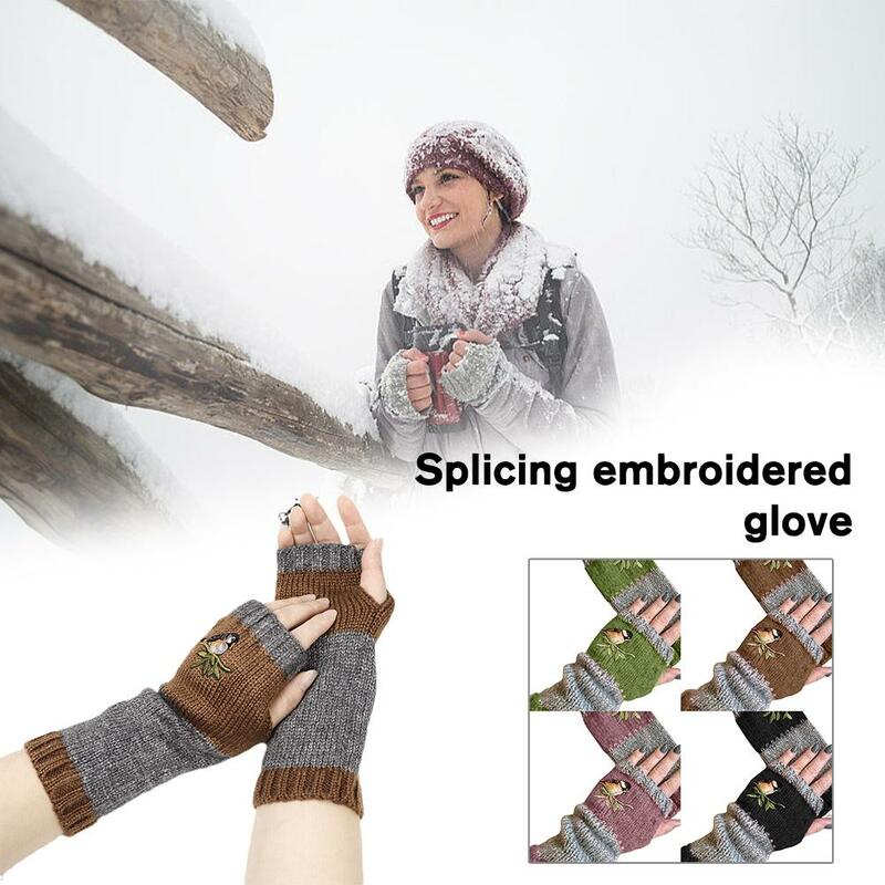 Женские зимние перчатки с вышивкой в виде птиц