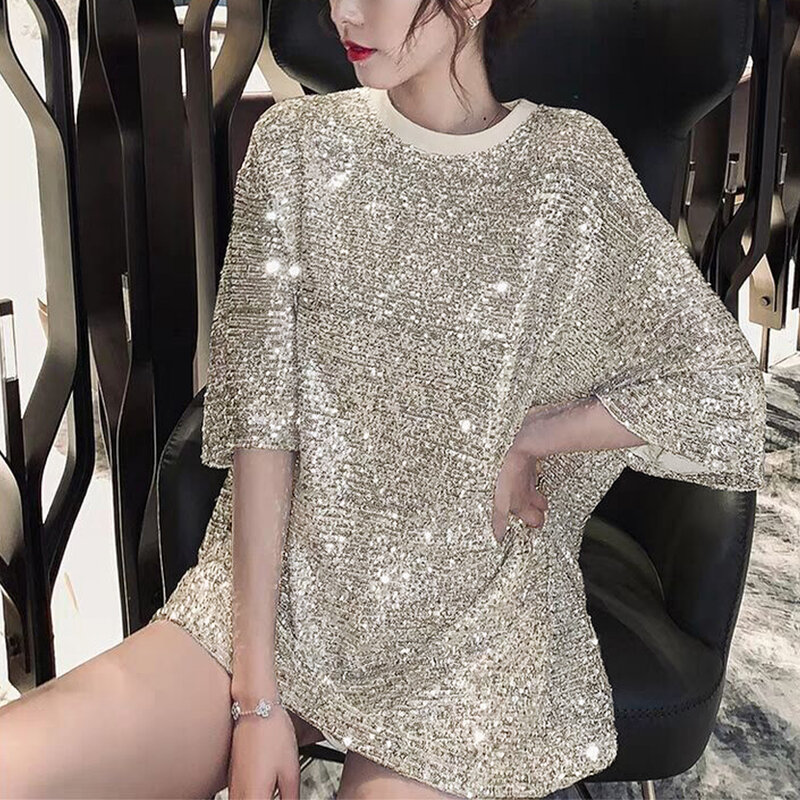 Nowy top damski Shinny Sequin Half Sleeve Long Style T-shirt Loose Casual Solid Color Dress Tees T Shirts Woman Odzież damska