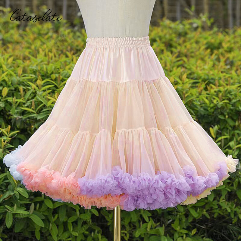 Catasdate rok Tutu Puffy elastis wanita rok Dalaman warna-warni untuk gaun balet berbulu untuk pesta dengan lapisan berjenjang