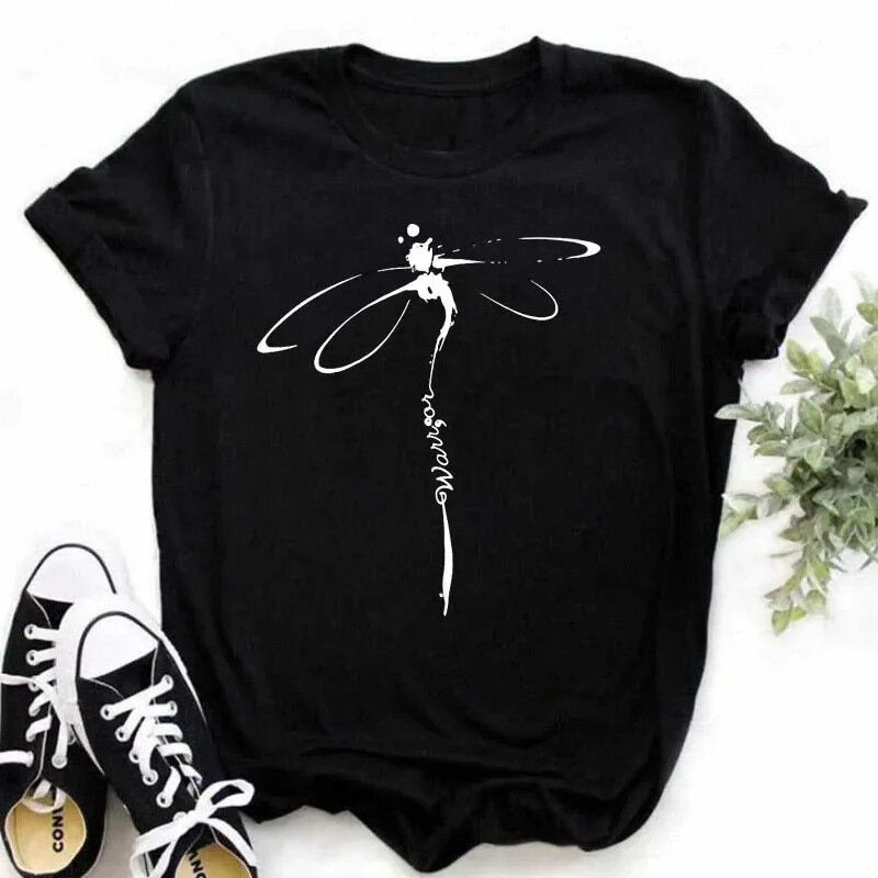 Cotone 100% Casual carino girasole farfalla stampa T-Shirt confortevole T-Shirt oversize nera da donna magliette grafiche