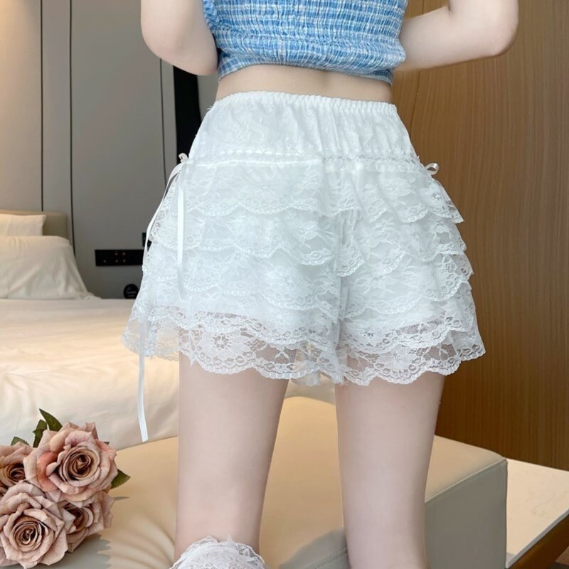 Frilly Pleated Lace Skorts Beautiful Ruffle Solid Color Woman Pumpkin Panties Bow Knot Safety Shorts