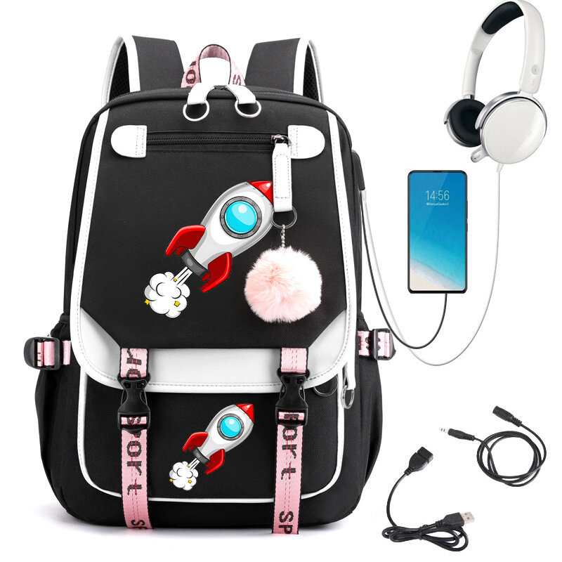 우주 로켓 만화 배낭 가방 여아용, 고등학교 백팩, 대학생 십대 책가방, USB 충전 배낭