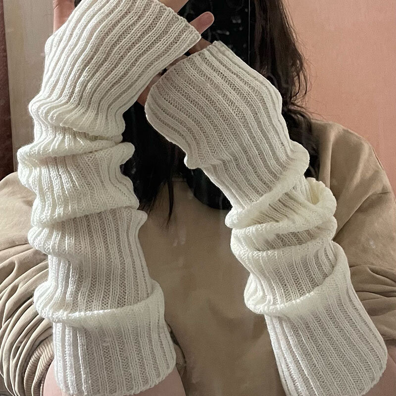Зимние рукава для женщин, плотные теплые вязаные рукава, однотонные, с длинным рукавом, перчатки на полпальца, готические рукавицы без пальцев