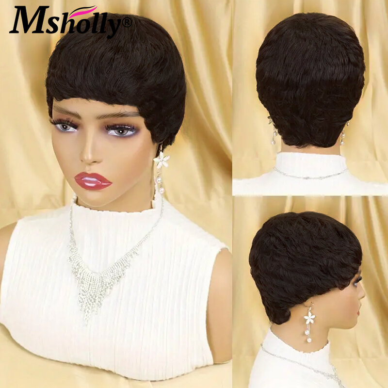 Wig pendek potongan Pixie dengan poni rambut manusia Wig berlapis bergelombang Pixie potongan penuh mesin dibuat Wig tanpa lem Wig Remy Brasil untuk wanita