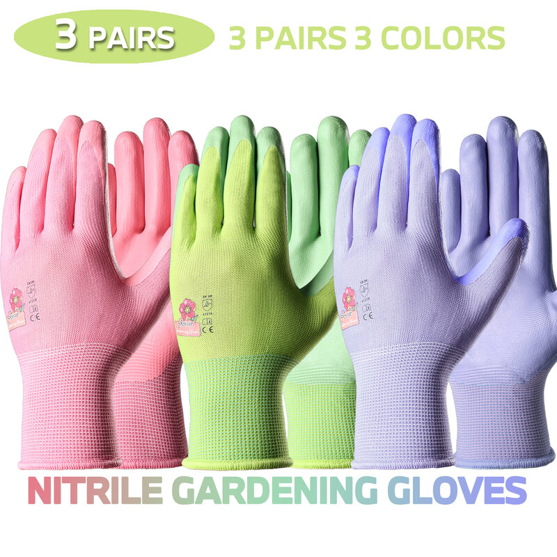 Luvas coloridas de jardinagem feminina, espuma nitrílica, plantio de escavação, proteção contra unhas e dedos, unissex, 3 pares