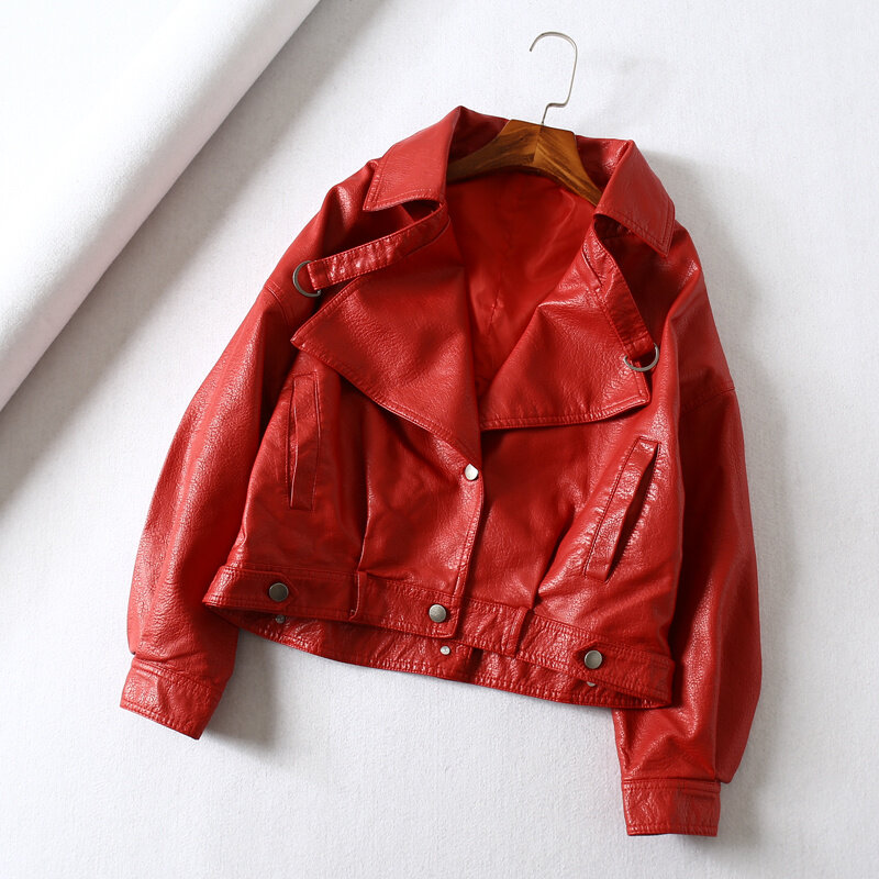 Женская байкерская куртка из искусственной кожи, красная или зеленая короткая мотоциклетная куртка свободного покроя, 2023