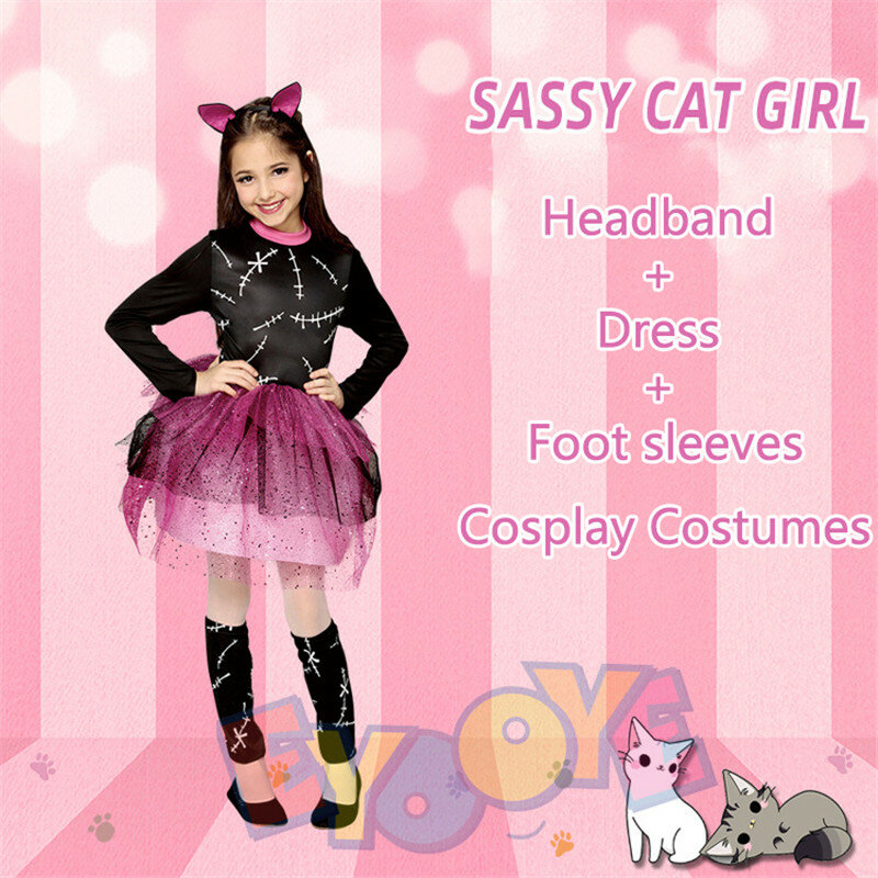 Fantasia de gato sasspara meninas, terno fofo para festa, festival, fantasia de desenho animado, série de animação, vestido, clothes, festival, festival