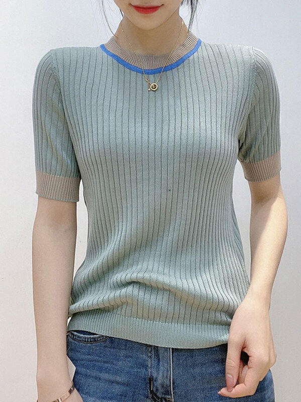 女性用ストライプセーター,女性用半袖ニットセーター,対照的な色のTシャツ,女性用トップス2022