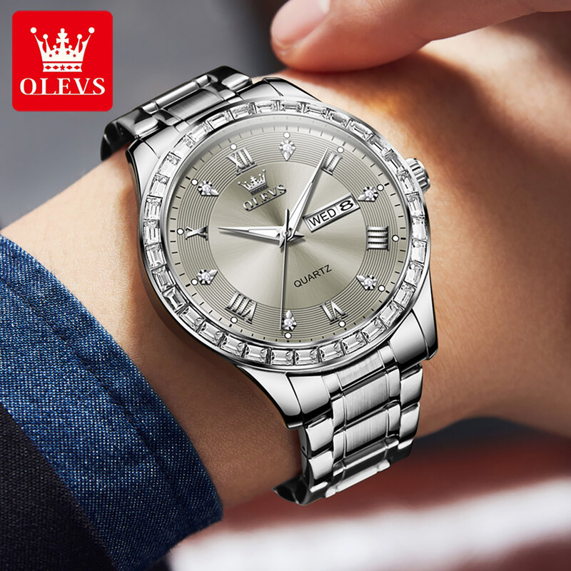 男性用OLEVS-9906ダイヤモンドリストバンド,高品質のステンレス鋼,防水,カレンダー,ローマの時計