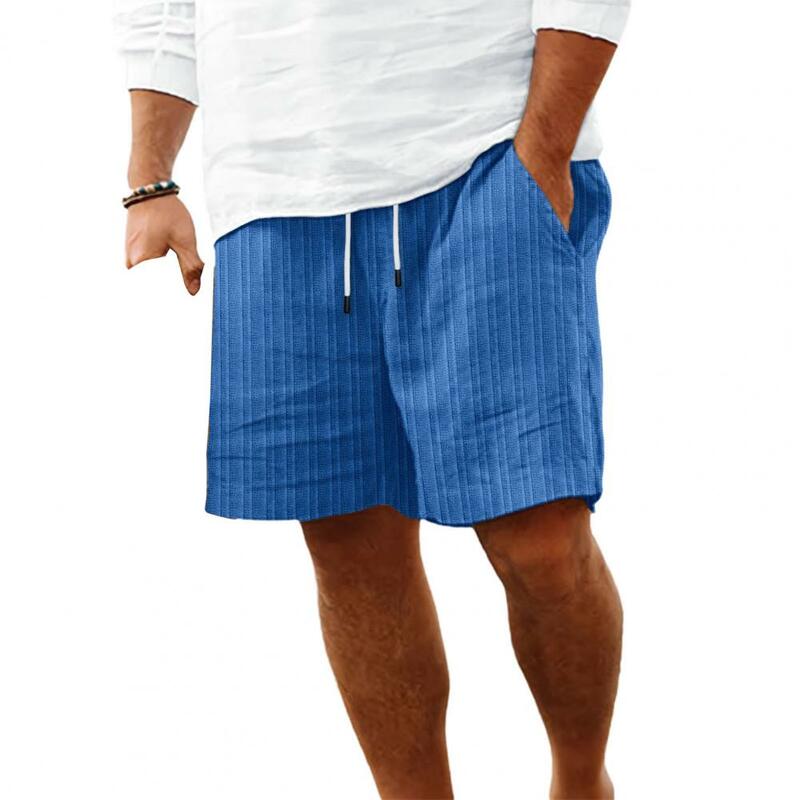 Summer Men Shorts Casual Elastic Waist Adjustable Drawstring Shorts with Reinforced Pockets Wide Leg Short Pants