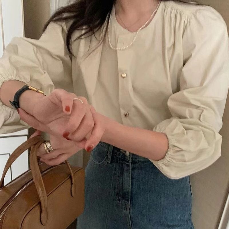 QWEEK blus lengan lampion wanita, kemeja anak muda bergaris Mode Korea elegan kasual trendi gaya uang lama musim semi estetika