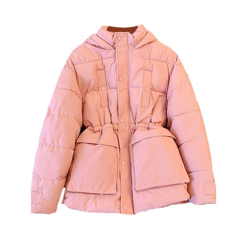 Women Thick Cotton Padded Jackets 2023 Winter Fashion Loose Waist Drawstring Cotton Coats Solid Pink Large Pockets Hooded Coat
