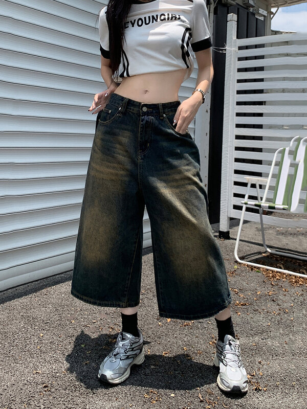 Женские винтажные мешковатые джинсовые шорты QWEEK Y2K, уличная одежда, джинсы до колен с широкими штанинами в стиле Харадзюку, повседневные летние джинсовые шорты оверсайз с эффектом потертости