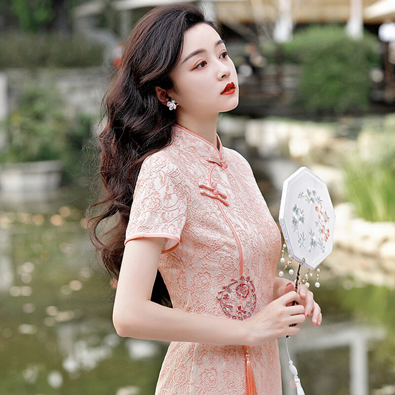 Gaun pernikahan wanita, Cheongsam lengan pendek Vintage ditingkatkan musim panas renda Slim-fit tradisional gaya China gaun Qipao S sampai 4XL