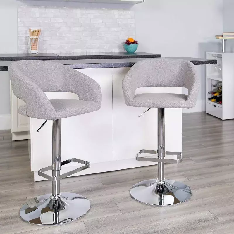 Wygodny i stylowy współczesny stołek barowy Erik z zaokrąglonym środkowym tyłem i podnóżek, z regulacją wysokości-szara tkanina