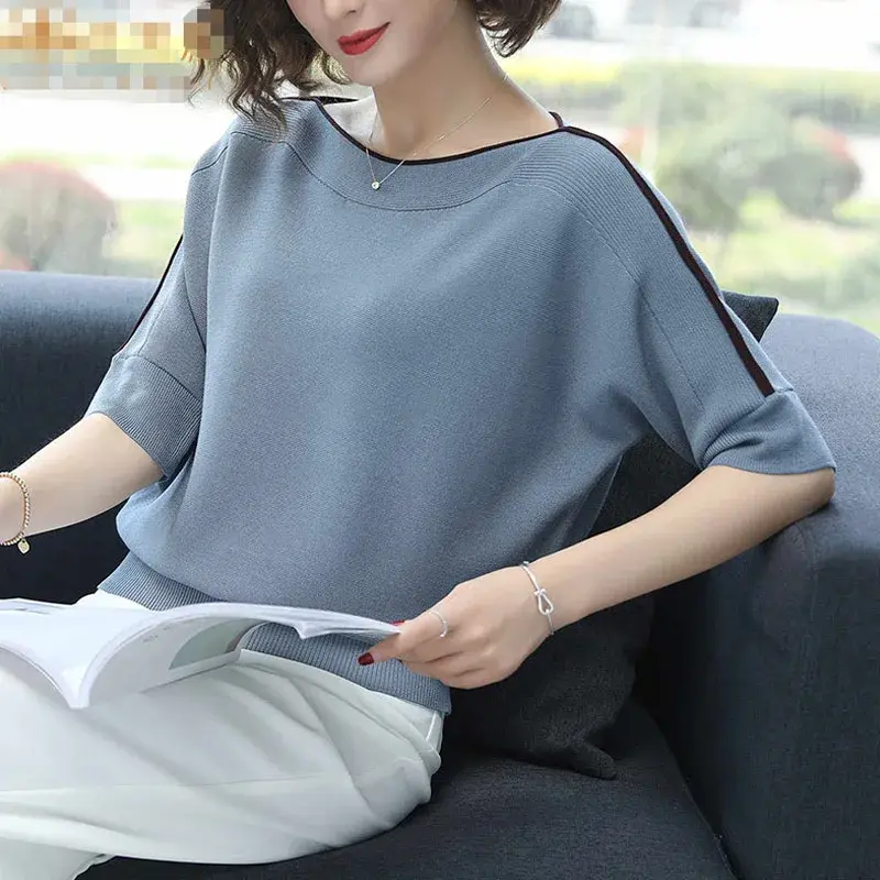 Casual Knitted Solid Blouse Women Fashion Ice Silk Short Sleeve Loose Thin Tops Spring Summer Women's Clothing New Clothes 14425