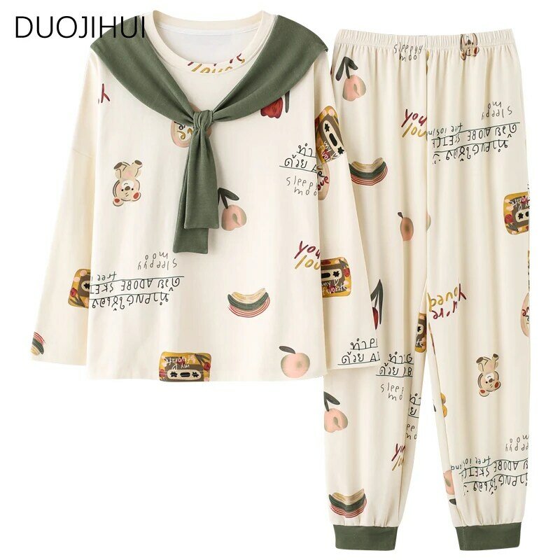 Duojihui-女性のためのツーピースのプリントパジャマ、カジュアルなパジャマ、スウィートプルオーバー、シンプルなルーズパンツ、スペルカラー、女性のファッション、ホーム、新しい