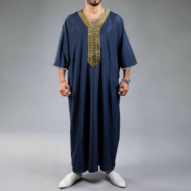 Islam pakaian pria Kaftan Muslim mode jubah bordir longgar dan bernapas djellas Abaya pria Jubba Thobe gaun Muslim Lebaran