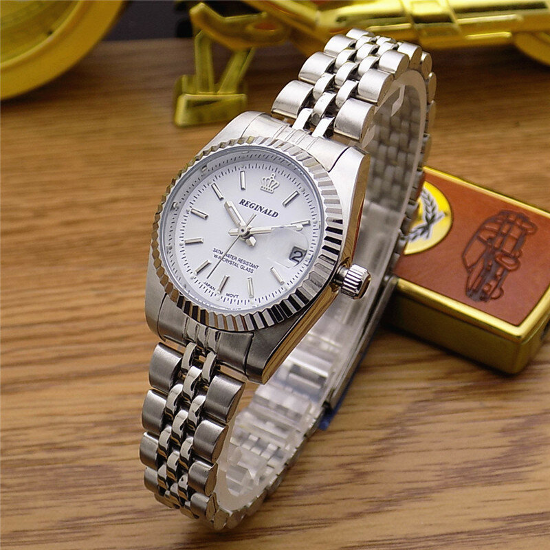 REGINALD Top marka zegarek moda Casual zegarki dla par srebrny pasek ze stali nierdzewnej 316l Auto data kwarcowe zegarki na rękę kobiety mężczyźni