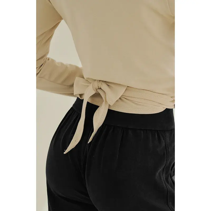 Top de manga comprida amarrado ioga para mulheres, camisa esportiva fitness, cintura slim fit, camiseta corrida, novo