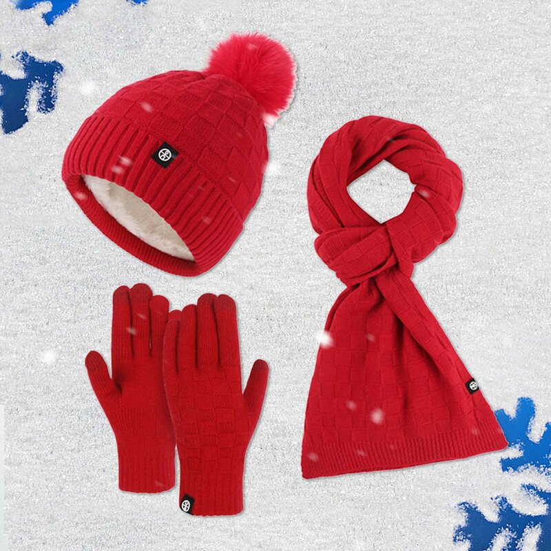 Ensemble de bonnets tricotés à carreaux pour couples, écharpe et gants, chaud, extérieur, hiver, 3 pièces