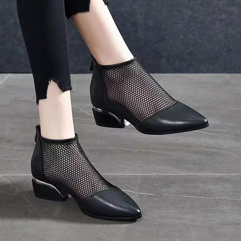 Botas de malla con tacón grueso para mujer, zapatos finos de verano, versátiles, 2024