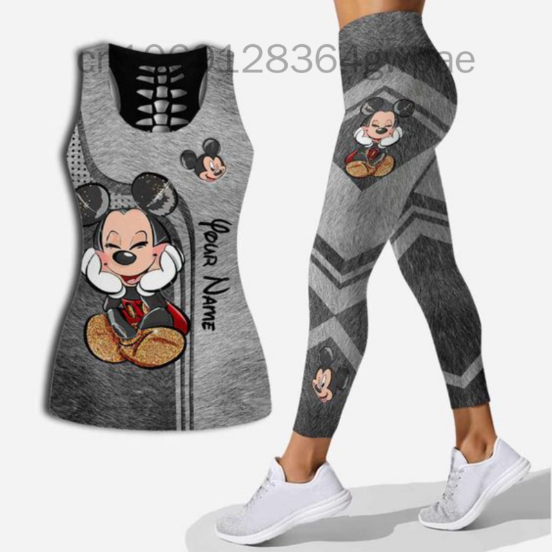 Disney-conjunto de mallas de Mickey Mouse para mujer, chaleco hueco, traje de Yoga, Leggings de Fitness, traje deportivo, camiseta sin mangas de Disney
