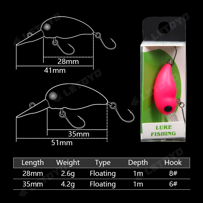 LETOYO-Mini Crank Trout Lure, Isca Artificial, Crankbaits, Baixo, Perch, Área de Truta, 2.6g, 28mm, 4.2g, 35mm