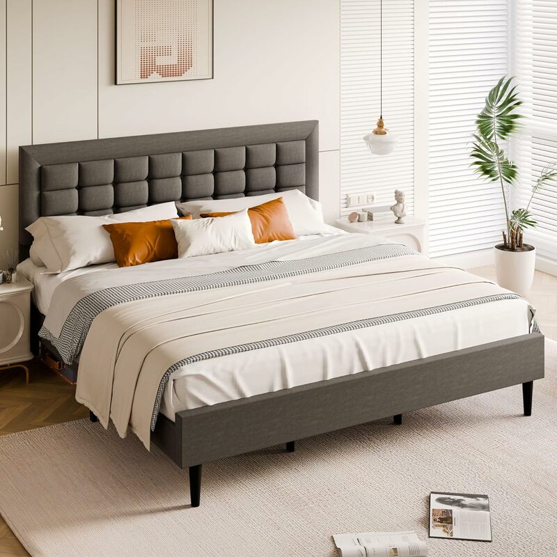 โครงเตียงพร้อมกระดุมเย็บสี่เหลี่ยมบนหัวเตียงโครงเตียง12 "พื้นที่เก็บของและผ้าลินินไม่จำเป็นต้องใช้สปริงกล่อง