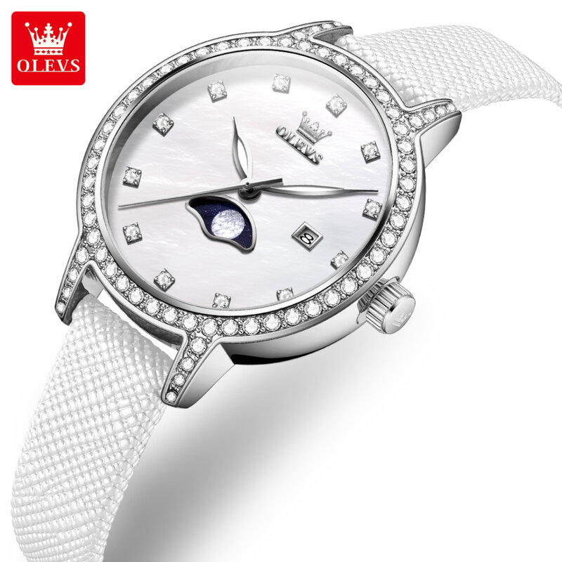 OLEVS ของขวัญนาฬิกาข้อมือนาฬิกาควอตซ์แฟชั่น5597ปฏิทินสายหนังหน้าปัดกลม