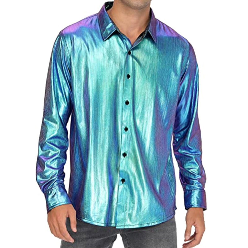 Modne laserowe błyszczące koszule luźne w stylu Casual długi jednorzędowy rękawem w jednolitym kolorze normalne koszule odzież dla mężczyzn