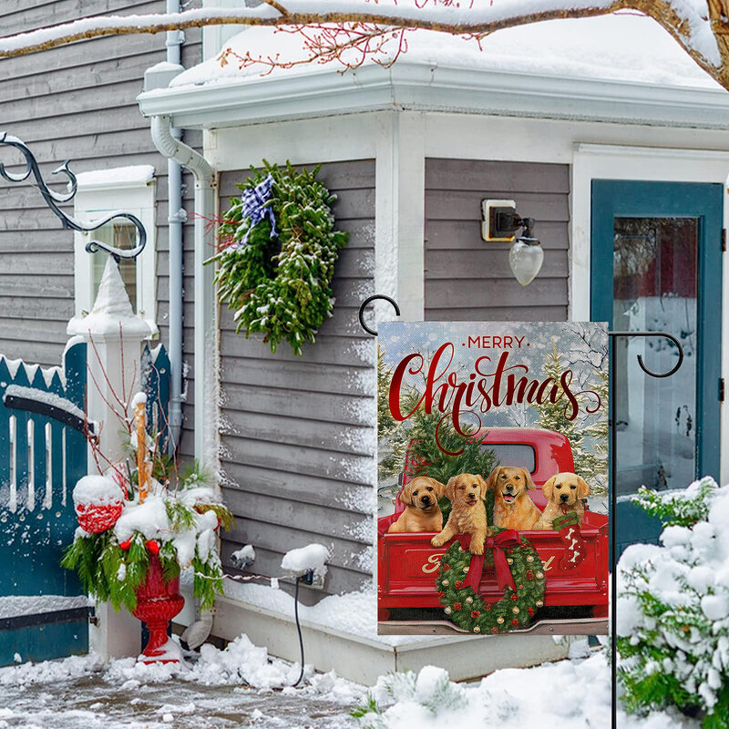 Drapeau de motif de chien de ramassage de bonhomme de neige imprimé double face de Noël, décoration de jardin de ferme, hors mâts, 1pc