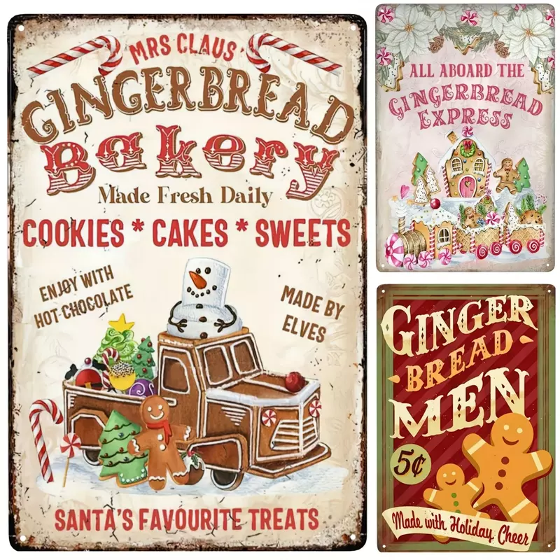 Natal Tin Sign para Home Decor, Pink Gingerbread, Trem Expresso, Biscoitos, Festa, Sweet Treats
