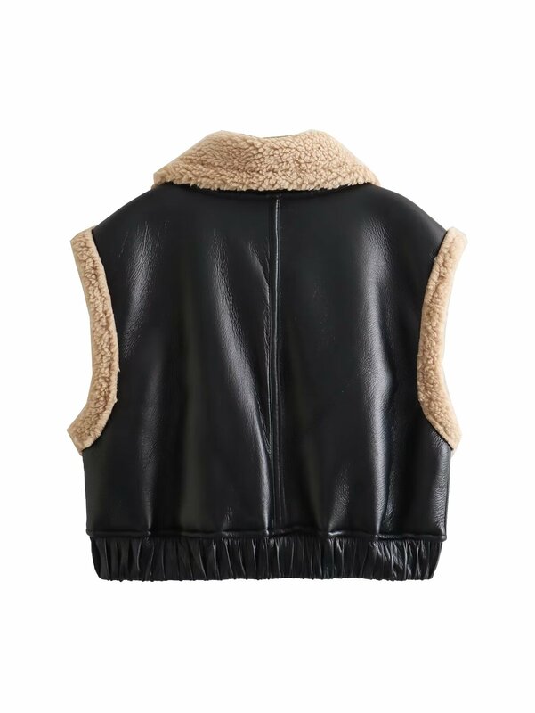 Plus Size Women's Clothing Autumn And Winter Vest Sleeveless Zippered Bomber Vest With Sherpa Interior And Leather Exterior