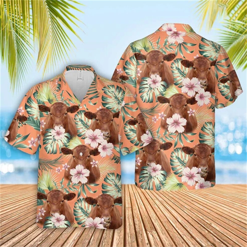Kemeja pantai motif 3D sapi Hawaii, blus kerah lengan pendek hewan Aloha, kemeja pantai berkancing modis musim panas