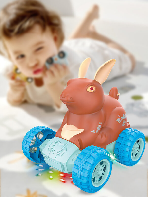 전기 스턴트 자동차 장난감 어린이 토끼 양면 관성 자동차, 음악 LED 조명 포함, 360 ° 텀블링 재미있는 인터랙티브 장난감 선물
