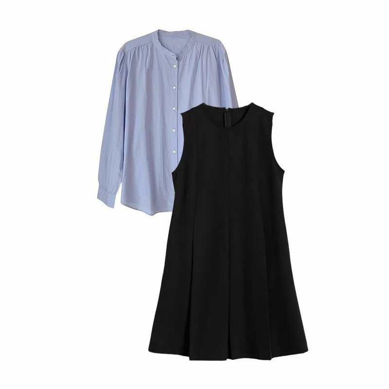 Ранняя весна Корейская черная юбка на бретельках + рубашка 2024 женская модель из двух предметов