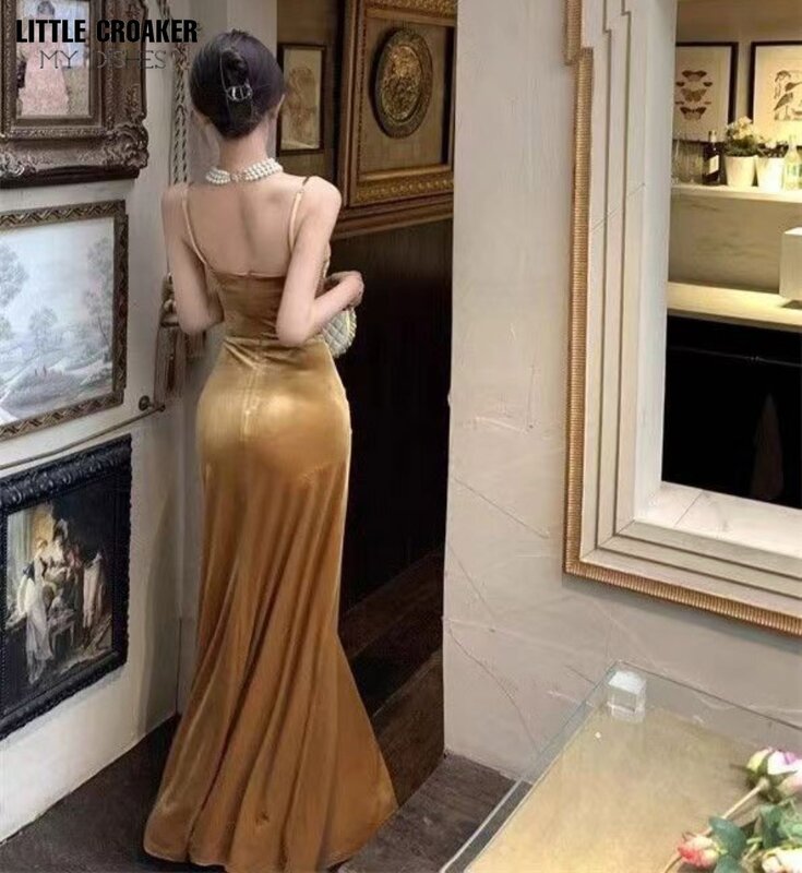 Vestido longo de noite feminino, cinta de espaguete, Dourado, Elegante, Luxo, Formal