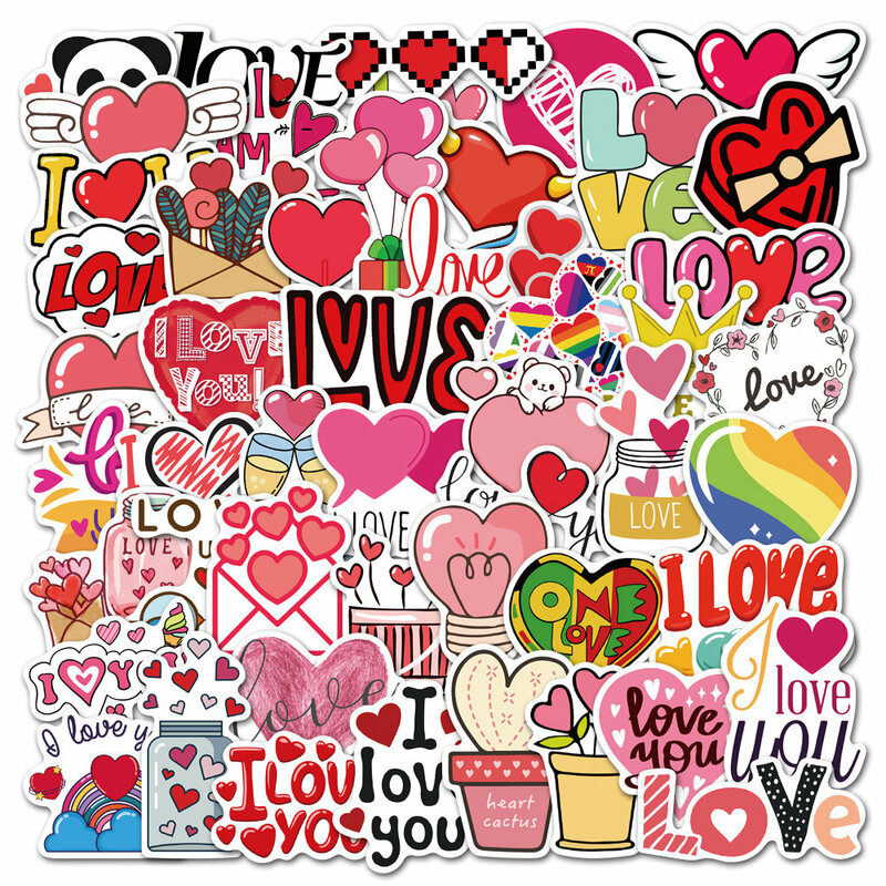 50 buah stiker cinta lucu estetika anak-anak PVC buku sketsa dekorasi buku tempel perlengkapan alat tulis sekolah untuk anak-anak