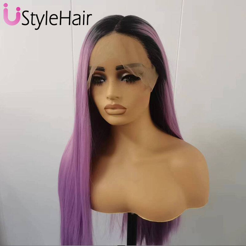 UStyleHair-peluca larga y sedosa para mujer, pelo sintético resistente al calor, color morado degradado, 13x6, uso diario