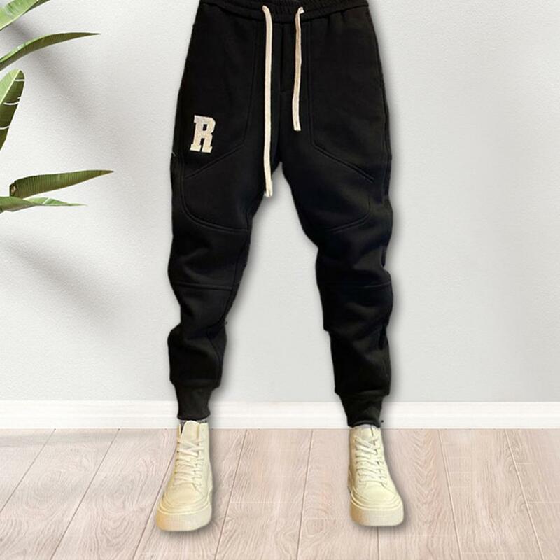 Men Pants Thick Warm Men's Sports Trousers Elastic Waist Drawstring Loose Fit Pockets Ankle-banded Letter Embroidery Casual Men