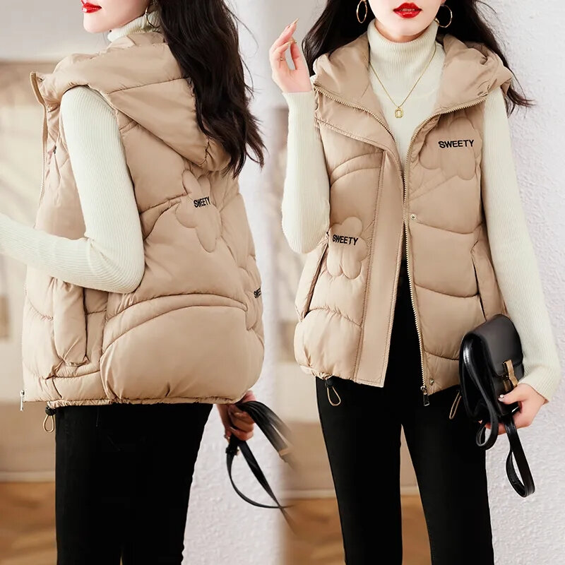 2024 New Women's Vest Puffer Jacket Hooded Short Loose-fit Warm Parkas Female Waistcoat Down Cotton-padded Jacket Outwear